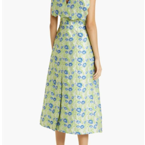 GANNI FLORAL JACQUARD RECYCLED FIBER BLEND A-LINE MIDI GREEN DRESS sz 38 - Picture 4 of 8